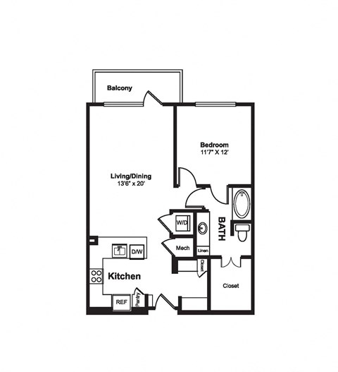 Floor plan for 1 bed, 1 bath, 817 sqft